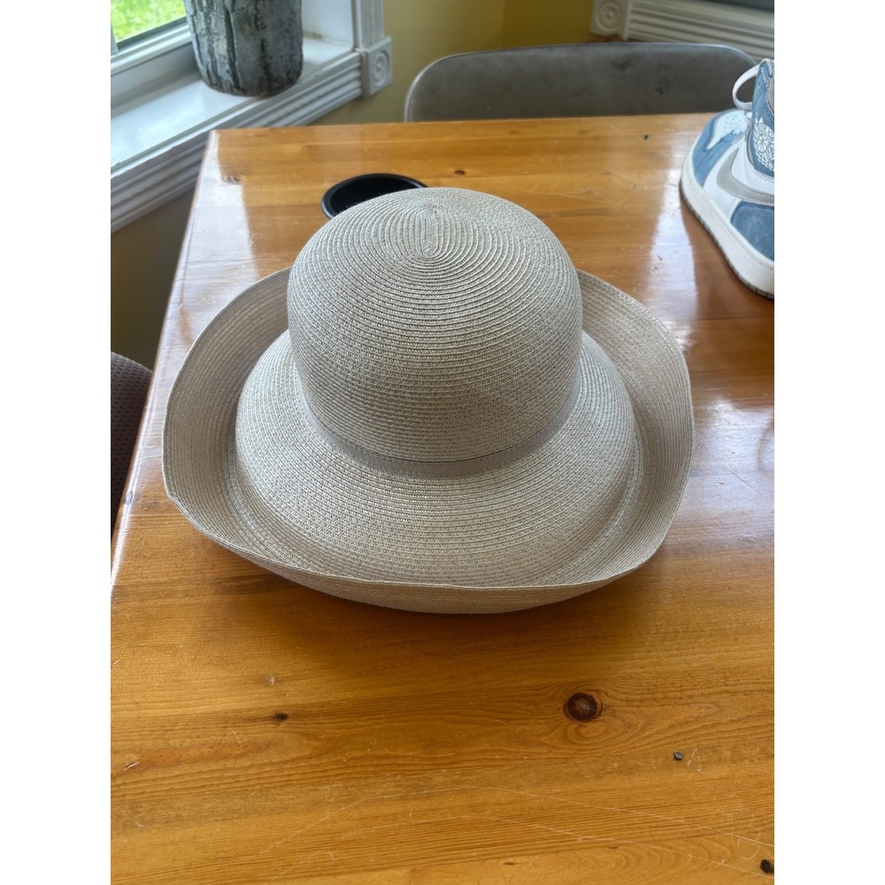 Eric Javits Squishee Packable Straw Sun Hat Tan Beige Wide Brim Bow Accent Women - Picture 3 of 10